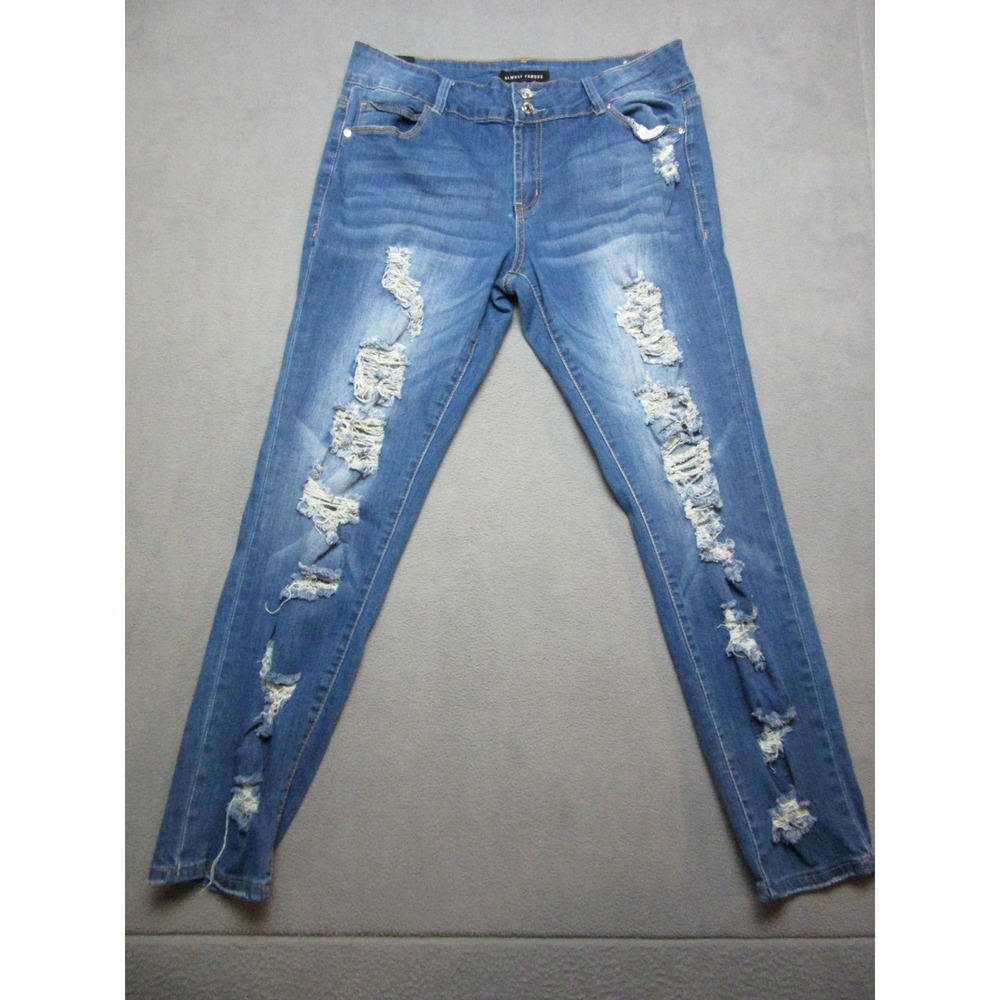 Almost Famous Jeans Womens 13 Blue Denim Stretch Distressed Ripped Straight Leg